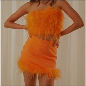 Pepper Mayo Tangerine The Night Is Ours Feather Crop Top and Lucia In Love Skirt
